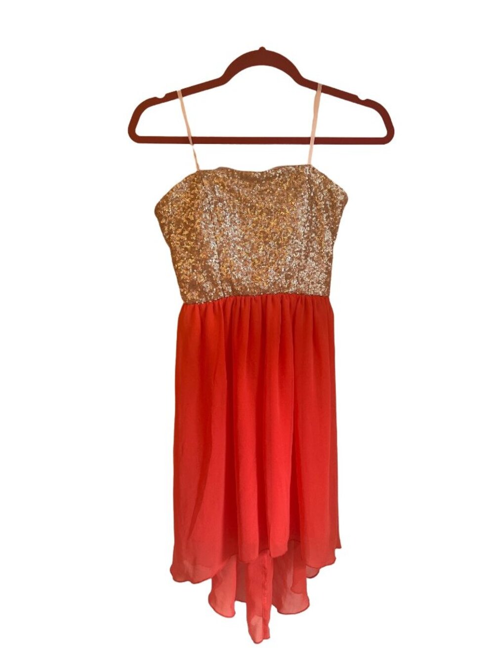 Strapless Sequin Bodice Red Chiffon Dress S